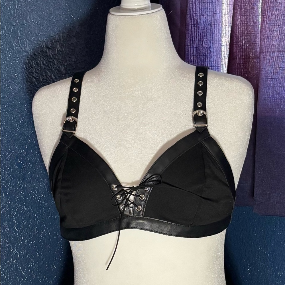 Black Lace-Up Bra with Studded Straps